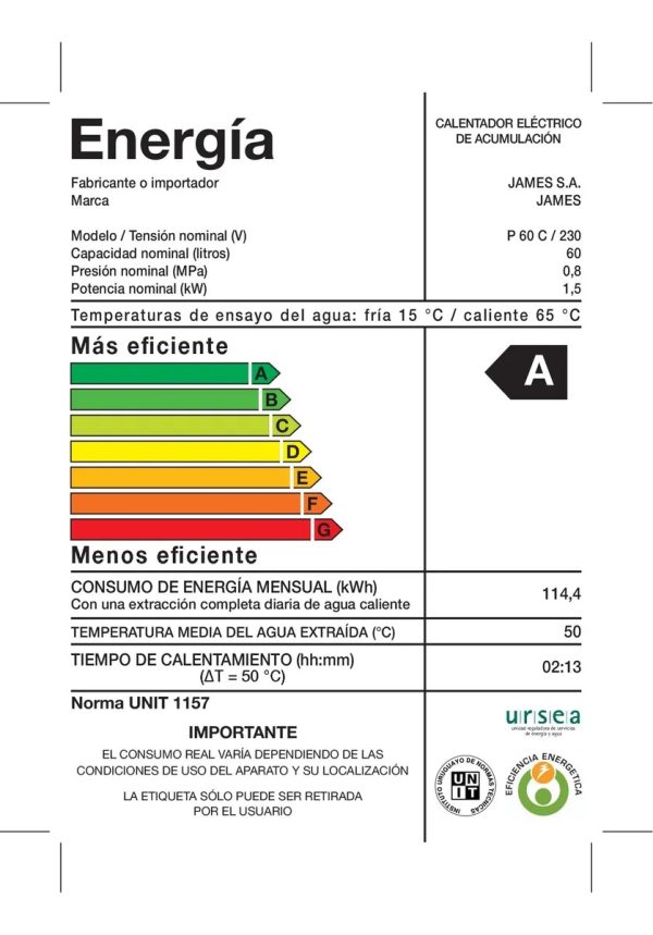 Calefon Termotanque James 60 Litros Prisma Cobre Efi. A